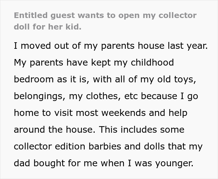 Woman catches guest sneaking into her room, stopping her before child opens collector doll from childhood collection. Woman catches guest sneaking into her room, stopping her before child opens collector doll from childhood collection.