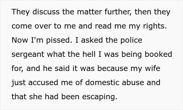 Text describing wife accuses husband of domestic violence, draining his last drop of empathy for her. Text describing wife accuses husband of domestic violence, draining his last drop of empathy for her.