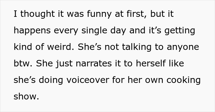 Text excerpt from a worker confronting a woman about her bizarre lunchtime ritual in the office.