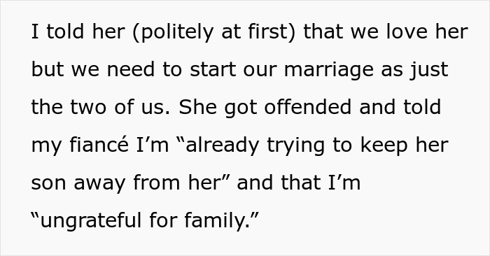 Text excerpt showing a woman setting boundaries with future mother-in-law, facing backlash before marriage begins. Text excerpt showing a woman setting boundaries with future mother-in-law, facing backlash before marriage begins.