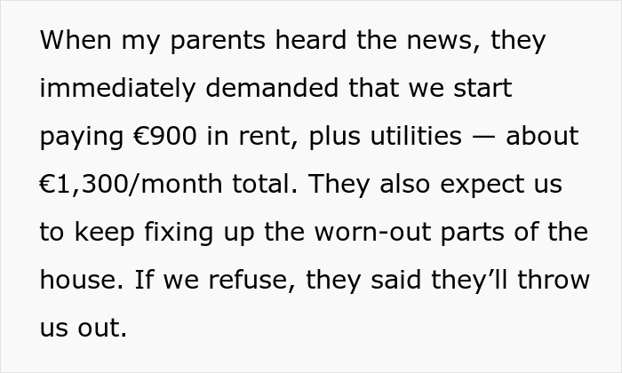 Text stating parents demanding expensive rent payments and house repairs, with a threat of eviction if refused.
