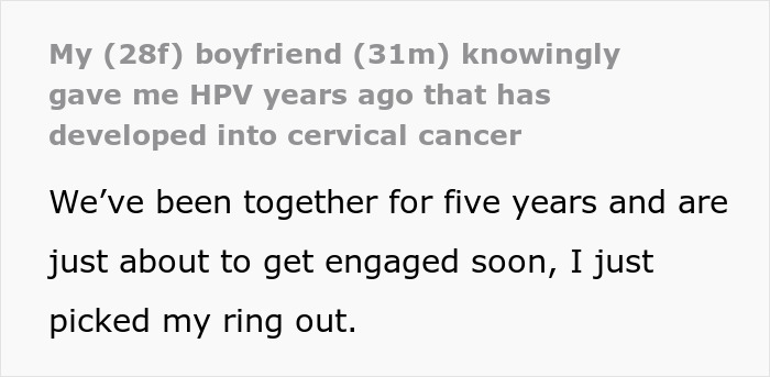 Text excerpt about a woman with cervical cancer caused by HPV from her boyfriend’s past, discussing engagement plans. Text excerpt about a woman with cervical cancer caused by HPV from her boyfriend’s past, discussing engagement plans.