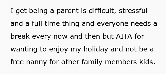 Childfree woman enjoying vacation, avoiding relatives’ attempts to turn her holiday into daycare duty and free nanny service. Childfree woman enjoying vacation, avoiding relatives’ attempts to turn her holiday into daycare duty and free nanny service.
