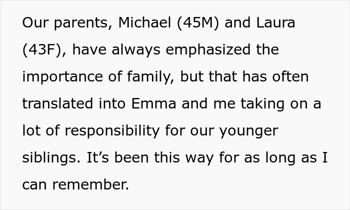 Text describing parental expectations leading 16YO twins to miss teenage years babysitting six younger siblings. Text describing parental expectations leading 16YO twins to miss teenage years babysitting six younger siblings.
