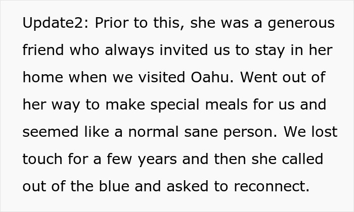 Text excerpt describing a couple’s old friend who was generous before reconnecting with wild requests starting to flow in. Text excerpt describing a couple’s old friend who was generous before reconnecting with wild requests starting to flow in.