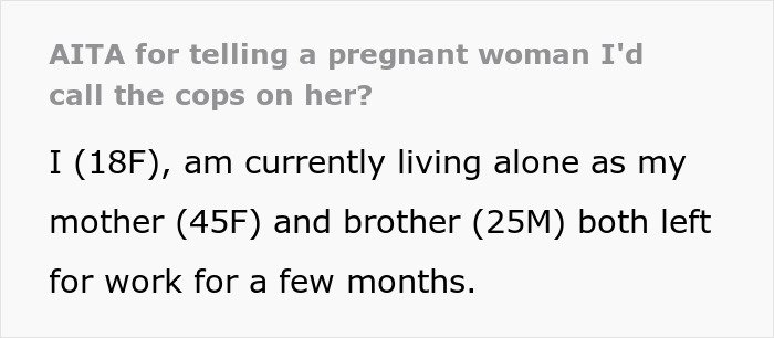 Text excerpt about a young woman living alone, raising concerns involving a pregnant woman and cops. Text excerpt about a young woman living alone, raising concerns involving a pregnant woman and cops.