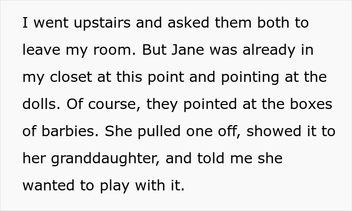 Woman catches guest sneaking into her room, stopping her before child opens her collector doll in the closet. Woman catches guest sneaking into her room, stopping her before child opens her collector doll in the closet.