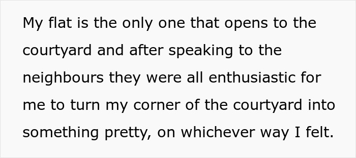 Text about a flat opening to the courtyard and neighbors supporting turning the courtyard corner into a pretty space. Text about a flat opening to the courtyard and neighbors supporting turning the courtyard corner into a pretty space.