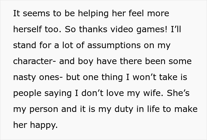 Text excerpt showing a man expressing love and commitment to his wife after being told she couldn’t do it without him.