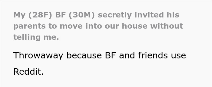 Text on screen showing a Reddit post about a man secretly inviting his parents to stay with him and his girlfriend. Text on screen showing a Reddit post about a man secretly inviting his parents to stay with him and his girlfriend.