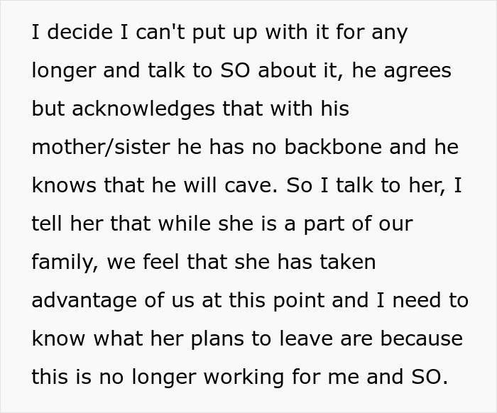 Text excerpt discussing a lady framing sister-in-law and causing conflict between brother and his wife.