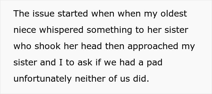 Text excerpt discussing a family dispute involving carrying pads for daughters and emotional reactions described as dinosaur behavior.