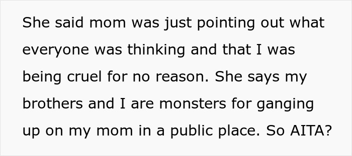 Text discussing a lady calling her son disgusting for carrying pads for daughters and reacting with a teary fit when called a dinosaur.