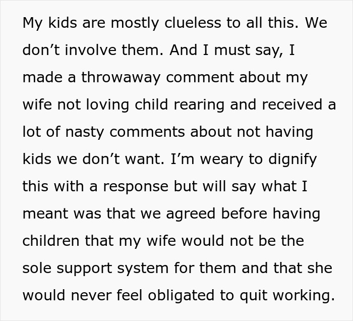Text excerpt discussing a man’s views on child rearing and his wife’s support system in parenting.