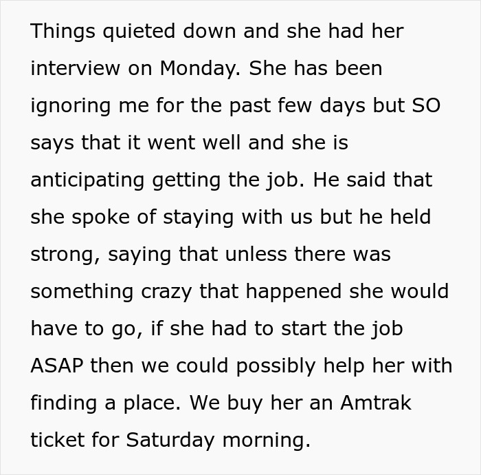 Text excerpt discussing a lady's interview and plans, related to framing SIL and turning brother against his wife.