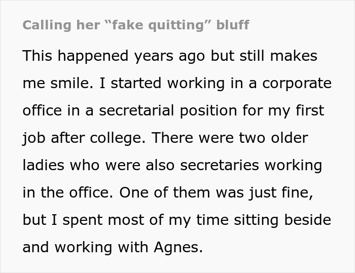 Text excerpt about calling obnoxious coworker's bluff and throwing a retirement party leading to her quitting in a corporate office setting. Text excerpt about calling obnoxious coworker's bluff and throwing a retirement party leading to her quitting in a corporate office setting.