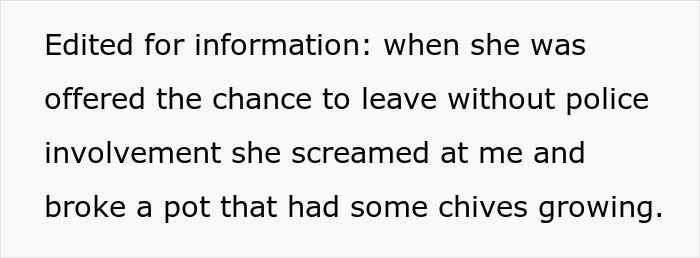 Text excerpt about thief caught stealing vegetables, breaking a pot with chives after police involvement declined. Text excerpt about thief caught stealing vegetables, breaking a pot with chives after police involvement declined.