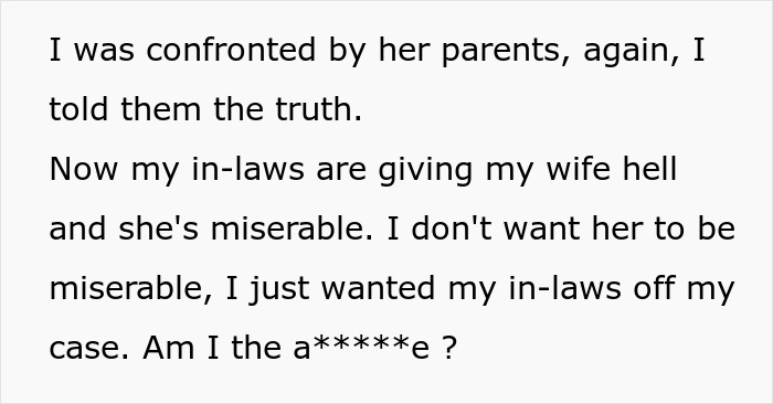Text showing a man confronted by in-laws who think he is divorcing their daughter because of her weight. Text showing a man confronted by in-laws who think he is divorcing their daughter because of her weight.