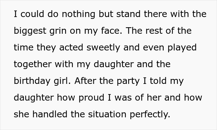 Text excerpt showing a proud parent reflecting on their daughter teaching her bullies a lesson in kindness at a party. Text excerpt showing a proud parent reflecting on their daughter teaching her bullies a lesson in kindness at a party.
