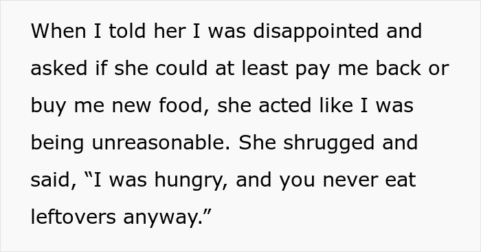 Text excerpt from a conversation about leftover pasta theft that leads a woman to buy a mini fridge.