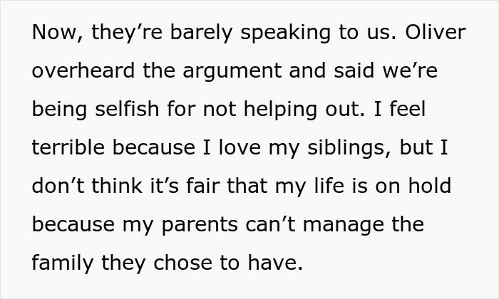 Text excerpt about 16YO twins feeling pressured to babysit siblings, missing out on teenage life due to family expectations.