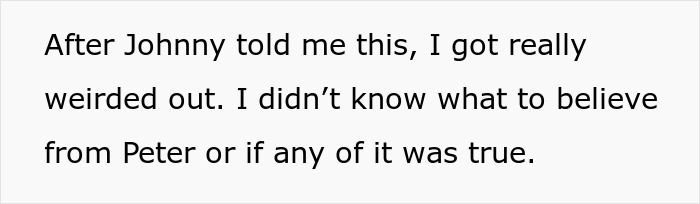 Text excerpt from friends call two decades later showing confusion and uncertainty about information from Peter and Johnny. Text excerpt from friends call two decades later showing confusion and uncertainty about information from Peter and Johnny.