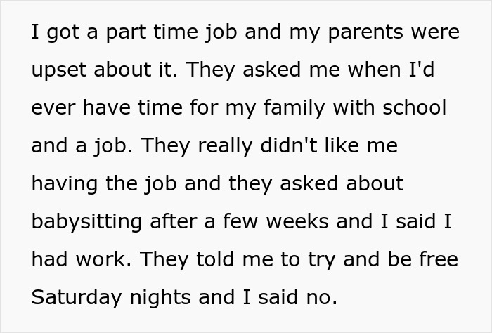 Text describing parents obsessed with having kids forcing older son to babysit siblings, upset when he refuses to babysit. Text describing parents obsessed with having kids forcing older son to babysit siblings, upset when he refuses to babysit.
