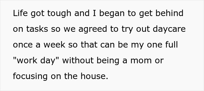 Text excerpt about working mom trying once-a-week daycare to manage work tasks and family responsibilities. Text excerpt about working mom trying once-a-week daycare to manage work tasks and family responsibilities.