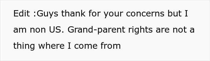 Text message stating a person is non-US and that grandparent rights are not recognized where they live. Text message stating a person is non-US and that grandparent rights are not recognized where they live.