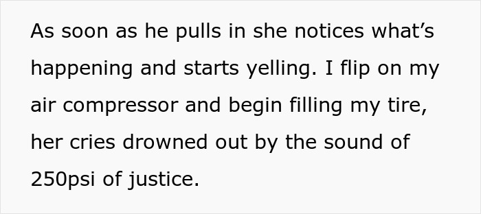 Lady in brand new Lexus skips air pump line, trapped between curbs and facing petty justice after tire inflation conflict.