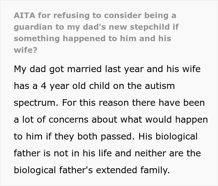Text post discussing refusal to be future caregiver for autistic stepbrother after dad's remarriage and concerns about his care. Text post discussing refusal to be future caregiver for autistic stepbrother after dad's remarriage and concerns about his care.