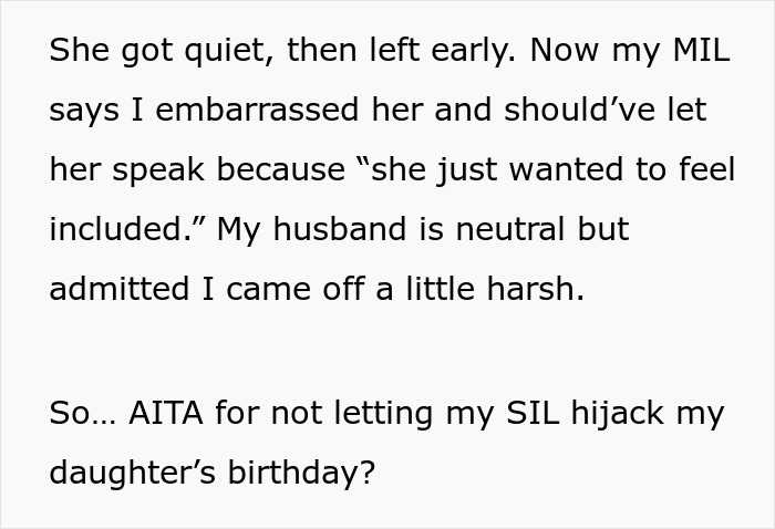 Woman upset after sister-in-law tells her to stop making niece's birthday about her spiritual awakening conflict. Woman upset after sister-in-law tells her to stop making niece's birthday about her spiritual awakening conflict.