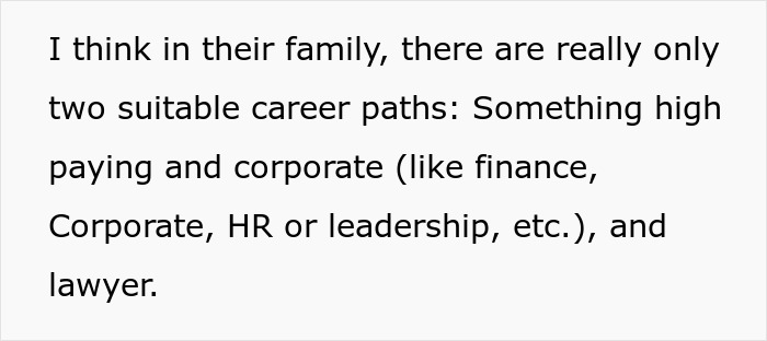 Text excerpt discussing family career paths including finance, corporate, HR, leadership, and lawyer options. Text excerpt discussing family career paths including finance, corporate, HR, leadership, and lawyer options.