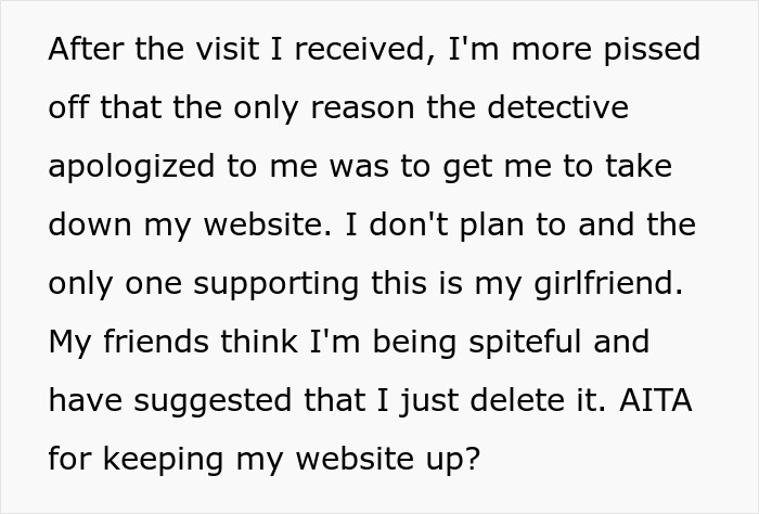 Text message about a man wrongfully jailed for 54 days refusing to take down website calling out detective. Text message about a man wrongfully jailed for 54 days refusing to take down website calling out detective.