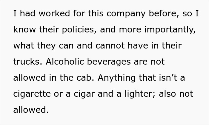 Text explaining company policies on prohibited items in work trucks, focusing on alcoholic beverages banned in the cab. Text explaining company policies on prohibited items in work trucks, focusing on alcoholic beverages banned in the cab.