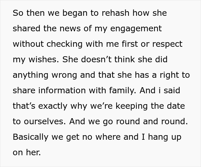 Text describing a bride cutting mom off from key wedding plans after mom turned proposal news into a family update. Text describing a bride cutting mom off from key wedding plans after mom turned proposal news into a family update.