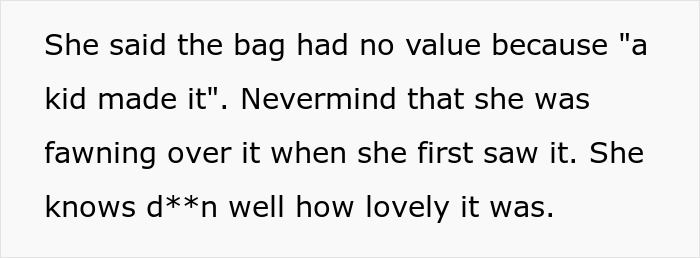 Text excerpt explaining a widow's excuse about a kid-made bag while her son angrily burns the bag in a family dispute. Text excerpt explaining a widow's excuse about a kid-made bag while her son angrily burns the bag in a family dispute.