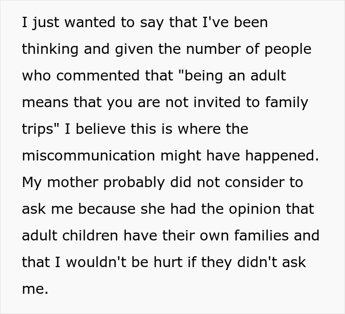 Text about woman reflecting on family vacation miscommunication with adult children and people telling her to grow up. Text about woman reflecting on family vacation miscommunication with adult children and people telling her to grow up.