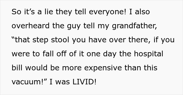 Text excerpt showing grandkid’s frustration with villainous vacuum cleaner salespeople using aggressive sales tactics.