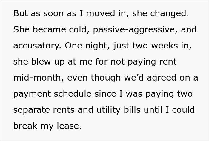 Text excerpt describing betrayal and passive-aggressive behavior by ex-best friend after moving in together. Text excerpt describing betrayal and passive-aggressive behavior by ex-best friend after moving in together.