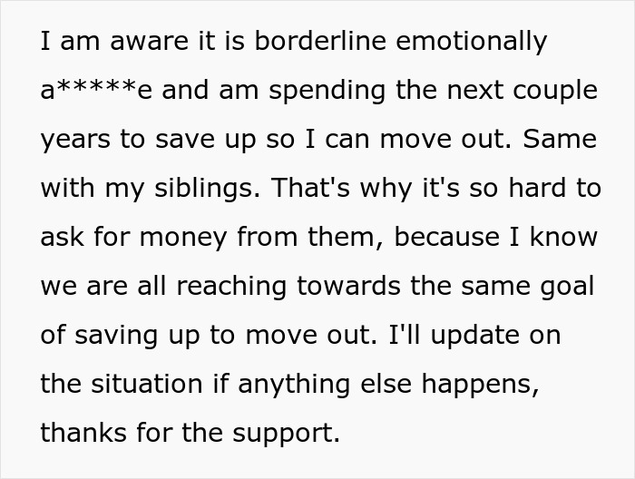 Text message discussing emotional strain and saving money to move out, highlighting sibling financial dynamics and support updates. Text message discussing emotional strain and saving money to move out, highlighting sibling financial dynamics and support updates.