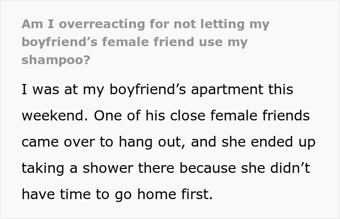 Text discussing whether it is reasonable to refuse a female friend from using shampoo at a boyfriend’s apartment.