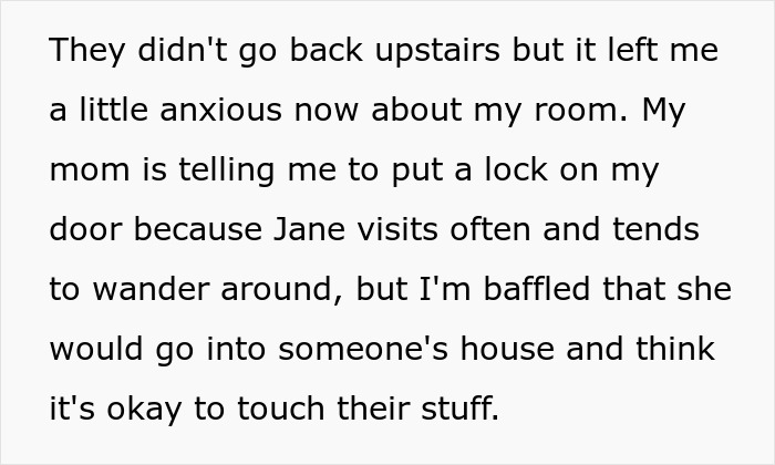 Text excerpt discussing a woman catching a guest sneaking into her room before her kid opens a collector doll. Text excerpt discussing a woman catching a guest sneaking into her room before her kid opens a collector doll.