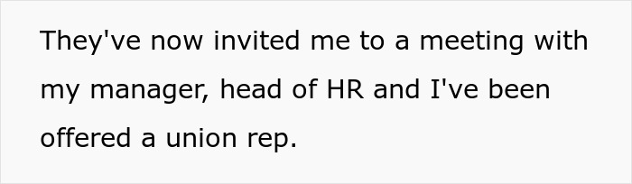 Text on a plain white background stating an invitation to a meeting with manager, HR, and a union representative about worker disciplined. Text on a plain white background stating an invitation to a meeting with manager, HR, and a union representative about worker disciplined.