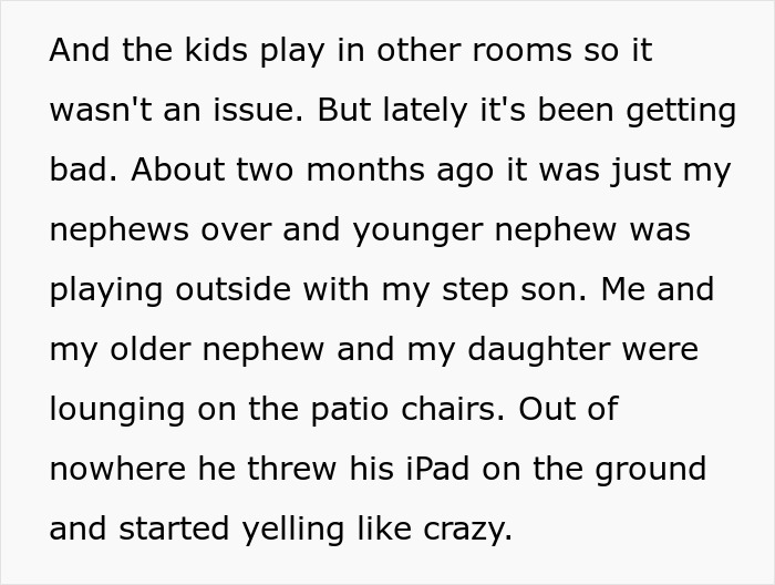 Text excerpt showing a woman describing challenges babysitting her autistic nephew after he injures her daughter and spits on her. Text excerpt showing a woman describing challenges babysitting her autistic nephew after he injures her daughter and spits on her.