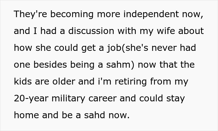 Text message discussing a man suggesting his wife find a job as a stay-at-home mom for teens with no chores. Text message discussing a man suggesting his wife find a job as a stay-at-home mom for teens with no chores.