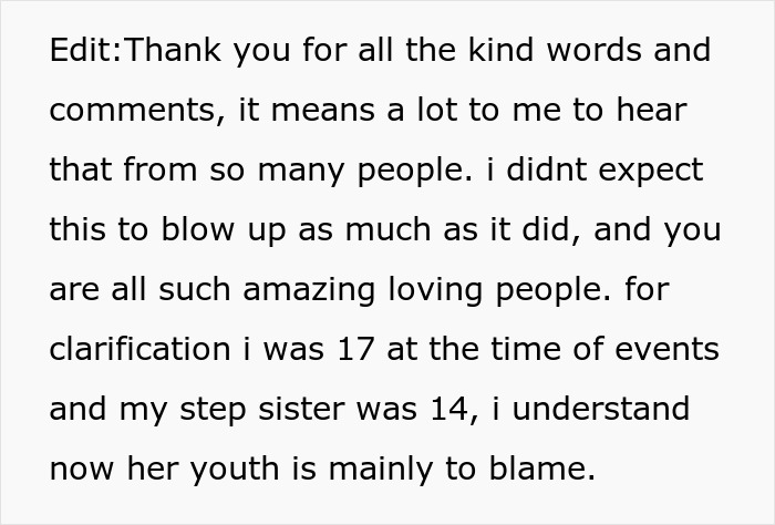 Thank you message about a woman's old fight with stepsister and cutting ties with family years later. Thank you message about a woman's old fight with stepsister and cutting ties with family years later.