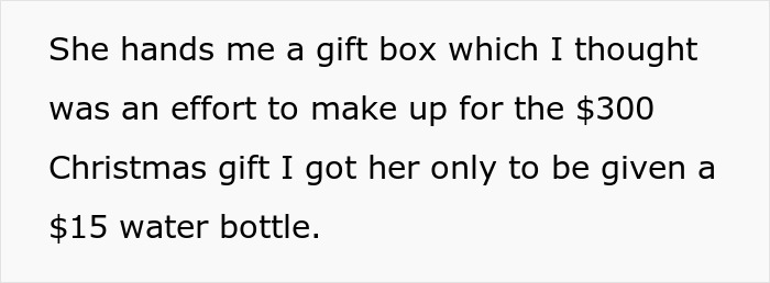 Text showing a conversation mentioning a $300 Christmas gift and a $15 water bottle from a genetic condition pregnant sister. Text showing a conversation mentioning a $300 Christmas gift and a $15 water bottle from a genetic condition pregnant sister.