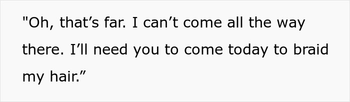 Text conversation showing a request related to free salon service for marriage, mentioning braiding hair.