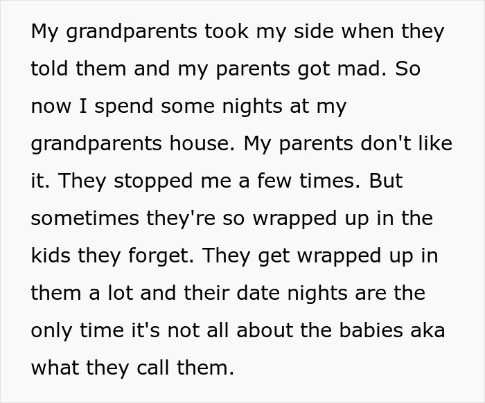 Text excerpt about parents obsessed with having kids, forcing older son to babysit siblings, causing family tension and frustration. Text excerpt about parents obsessed with having kids, forcing older son to babysit siblings, causing family tension and frustration.